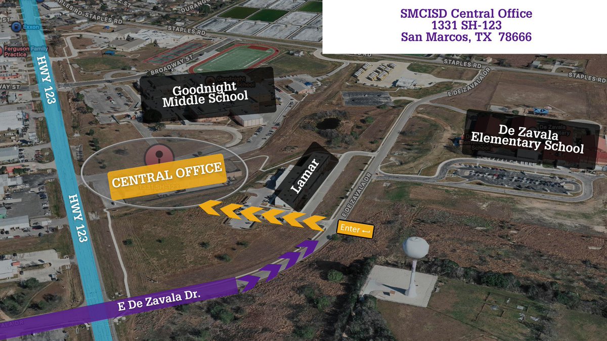 The Regular School Board meeting has been rescheduled for Thursday, February 20, at 6PM at the new Central Office (1331 HWY-123). Use the map below to access the entrance. #SanMarcosCISD