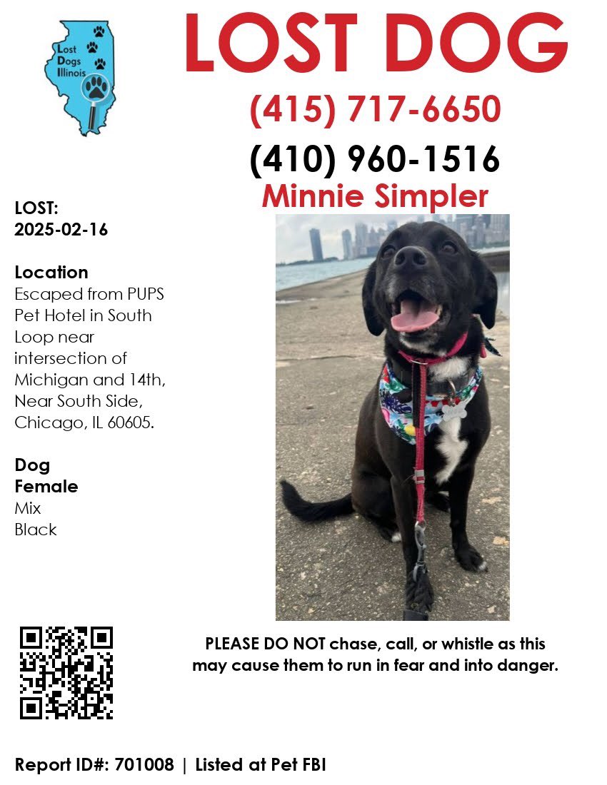 If anyone is in the Chicago area near the south loop my brother’s dog has run away from an overnight dog hotel at around 4am today. Pups Pet Club - 1332 S Michigan Ave
Chicago, IL  60605

 If you have seen this dog please message me or call the number.