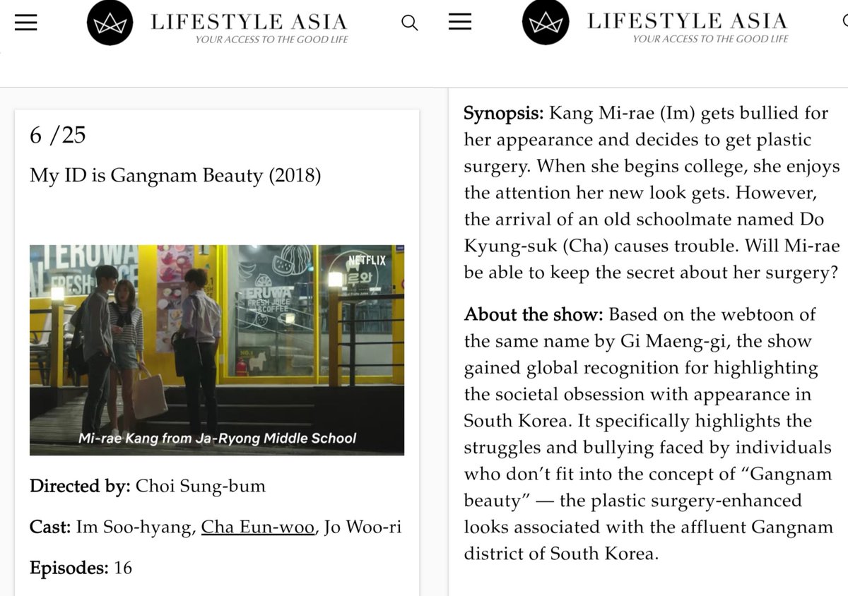 📰 #ChaEunwoo and Im Soohyang ‹My ID is Gangnam Beauty› is listed in “Best romantic K-dramas of the 21st century” by LifeStyle Asia.

“the show gained global recognition for highlighting the societal obsession with appearance in South Korea. It specifically highlights the