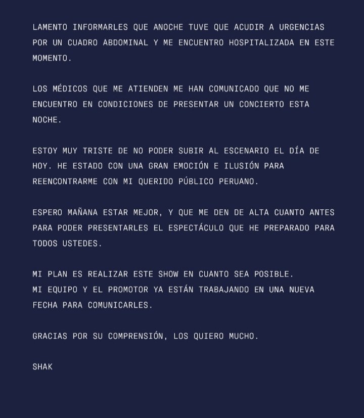 Buenas tardes para todos. Al parecer <a href="/shakira/">Shakira</a> tuvo cólicos y demás desórdenes gástricos en Perú y por eso no se presentará allí. Eso sí, a Venezuela sin duda, garantizado que no viene. #EsAsí #EsReal