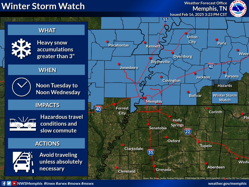 NWSMemphis's tweet photo. A Winter Storm Watch has been issued for areas north of the MS/TN border. Confidence continues to increase regarding impactful winter weather conditions beginning Tuesday evening. See the latest briefing here: https://t.co/wIcYxXfV34 https://t.co/HcpituisJh