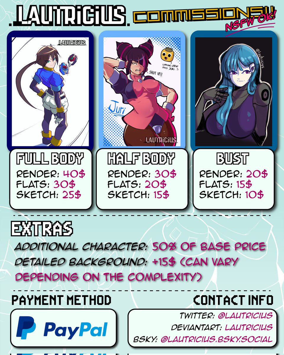 lautricius's tweet image. Hi everyone! Break time is over, as such, I'm opening commissions again, so here's the new and updated price sheet for this year!
Full guidelines can be found in the description of this post:
deviantart.com/lautricius/art…
If you have any questions, feel free to DM me!