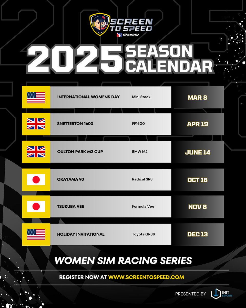 Our Screen to Speed special events on iRacing are happening all year—standalone races you can jump into anytime.

Register now and race alongside an incredible community of women in sim racing! Visit screentospeed.com to learn more

#WomenInSimRacing #iRacing #ScreenToSpeed