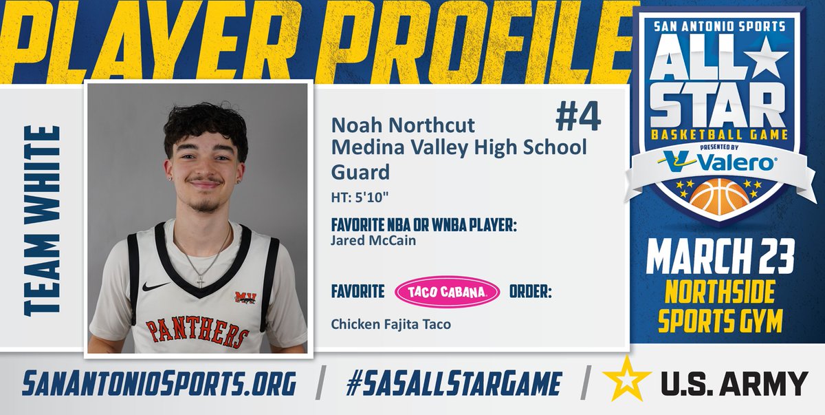 SA_Sports's tweet photo. Meet @noah_northcut4 from @HighSchoolMV who will compete in the San Antonio Sports All-Star Basketball game pres. by @ValeroEnergy at the Northside Sports Gym on March 23rd! #SASAllStarGame #BeAllYouCanBe @TacoCabana @ArmySanAntonio

@PantherSportsMV
@coachdunn05 https://t.co/l4XLHrpzko