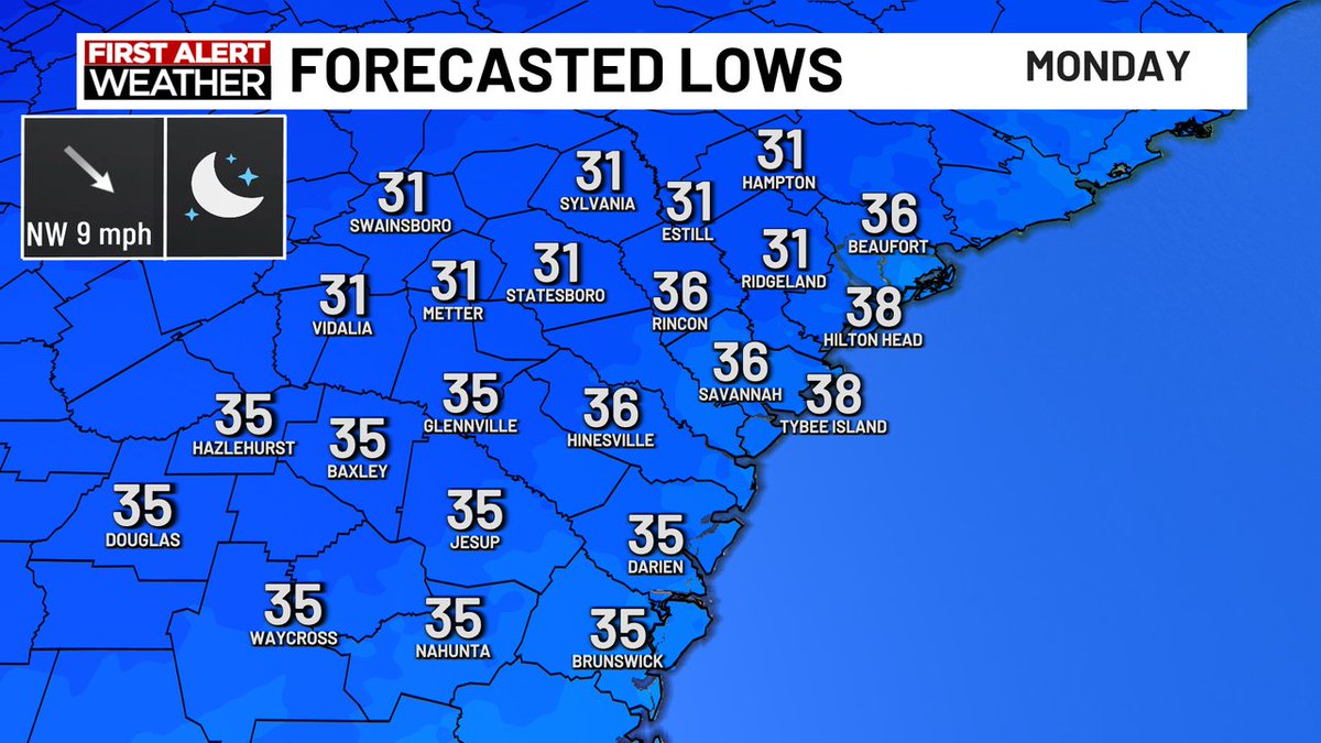 WxDylanSmith's tweet image. Actual temperatures could be below freezing for a few of our inland areas north of I-16 tomorrow morning. #petsplantspipes #chillyweather #monday #savannahga