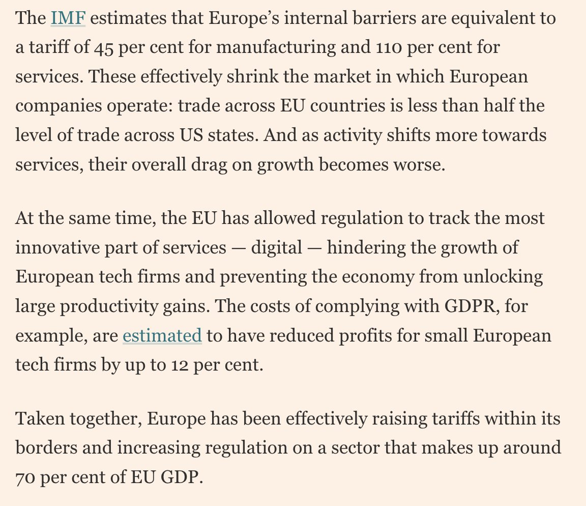 babgi's tweet photo. Pourquoi l'Europe est elle dans une situation de faiblesse économique face aux USA ? Cet article de Mario Draghi résume remarquablement bien l'enjeu. Il observe que les barrières intra-européennes du fait de l'intégration incompléte de l'EU représentant l'équivalent de taxes de 110% sur les services entre deux pays de l'EU et de 45% sur les biens manufacturiers. Depuis 30 ans, nous ne sommes parvenus à réduire les barrières intra-Européennes que de 11%.  Il observe également que si la régulation "de précaution" (AI Act, RGPD...) est nécessaire, il ne faut pas que sa complexité aboutisse à un affaissement de la compétitivité, ce qui semble être fréquemment le cas.
Ainsi, une startup de e-santé qui se crée à Paris devrait être conforme aux normes de l'ANSM française tandis qu'en Allemagne, ce sont celles de la BfArM.
Elle doit respecter le Règlement Européen sur les Dispositifs Médicaux (MDR 2017/745), mais accru des exigences supplémentaires de chaque pays. Par exemple en  France, ses données doivent être serveurs certifiés "HDS" tandis qu'en Allemagne, elles sont supervisées par l’agence nationale de cybersécurité BSI.
Quant au RGPD, s'il est européen,  il n'en reste pas moins interprété différemment selon les pays, ce qui entraîne des complexités supplémentaires pour chaque startup.
En matière de remboursement, en France, c'est la CNAM qui opère. En Allemagne, cela passe par des accords avec les Krankenkassen (caisses d’assurance maladie) et des autorisations du Gemeinsamer Bundesausschuss (G-BA), qui régule scrupuleusement les pratiques médicales. Cette startup devrait de surcroit adapter son modèle de facturation à chaque pays et obtenir des certifications spécifiques : en France, s'intégrer avec le Dossier Médical Partagé (DMP) tandis qu'en Allemagne, être compatible avec la Telematik-Infrastruktur (TI) et avoir l’agrément de la Gematik.
Ce ne sont là que quelques exemples : dans tous les domaines c'est à peu près pareil.
Ce n'est donc pas notre capacité d'innovation qui est en cause : l'EU produit à peu près autant de brevets que les USA, mais bien notre absence d'intégration réglementaire qui rend notre demande intérieure  insuffisante. En conséquence, les salaires ne progressent que peu, les entreprises ne se modernisent pas rapidement, et il est difficile de financer les services publics.

Il n'y a donc que deux chemins : 
-Celui que veut nous voir emprunter l'administration Trump et les extrèmes droites : le retour à des Etats-Nations qui seront structurellement faibles, incapables de se défendre militairement, économiquement et culturellement. Ce qui aboutira immanquablement à une vassalisation par les USA, et pour les pays de l'Est, à une mise aux ordres de de la Russie.
-Celui qui consiste à accroitre l'intégration européenne, à mieux organiser la Recherche à l'échelle de l'Union, à mettre en place une régulation qui protège mais ne bloque pas l'innovation, à créer un système d'armes européen, etc.
Au moment où l'IA apparaît comme un point d'inflexion dans l'histoire du développement de l'humanité, il y a là l'opportunité de repenser le chemin européen et de lui donner une nouvelle impulsion. Quiconque passe du temps à visiter plusieurs pays européens en revient convaincu que nous avons plus en commun que nous le pensons généralement. C'est cela qu'il faut voir et utiliser comme fondement de ce renouveau. 

PS 1 : Comme à l'accoutumé, ce type de poste provoque une bordée de commentaires insipides de la part de troll pseudonymisées. Il faut comprendre qu'il s'agit là de la première forme de réaction de l'ED : saturer le média. De la forme et zéro fond. 
PS 2 : pour ceux qui seraient tenté de mettre en avant Corée, Japon... comme exemple d'Etat souverains et autonomes de grandes fédérations, il faut leur faire observer qu'en moyenne on y travaille 13 et 14% d'heures de plus qu'en France au cours d'une vie. Pas certain que ce soit la direction que les français(es) souhaient prendre. 
https://t.co/PRmhUq2Wt9