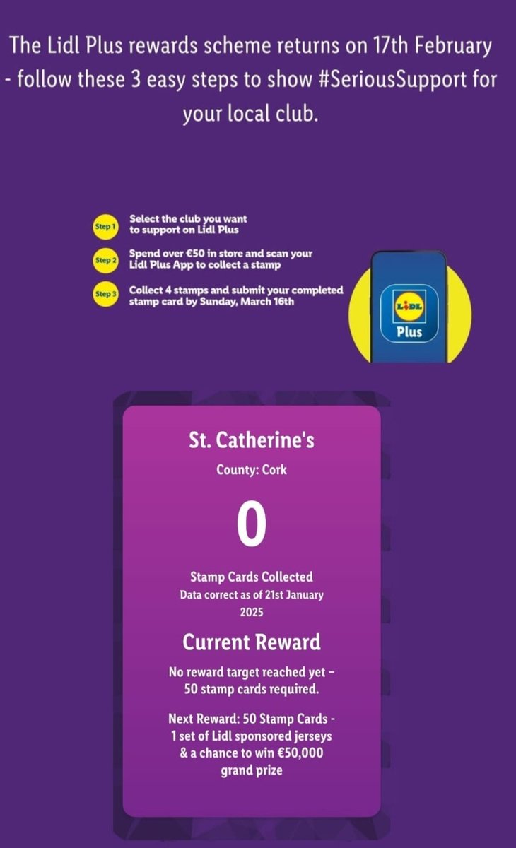Lidl plus rewards scheme is back.
Please follow the steps below and help us get a new set of Jerseys for the Girls. #SeriousSupport