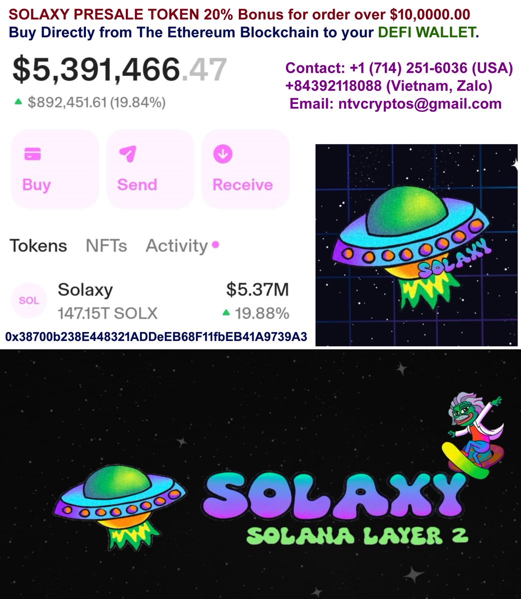 ntvcapital's tweet photo. @SOLAXYTOKEN DISTRIBUTING $5,000,000.00 Solaxy Token. Bonus 10% or More to your Uniswap Wallet. https://t.co/SXSlnxMvzl https://t.co/tW7J1r5dwE
