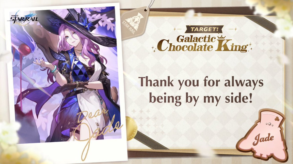 JuniorNightmare's tweet photo. #TargetGalacticChocolateKing
I want to give a gift to #Jade

[Words you want to say to character]

🔻 Click the link below to make chocolate and receive response! Event will be open until 2/18.
https://t.co/Yevui4JLHk

@honkaistarrail #HonkaiStarRail https://t.co/dYUmq5xm9M