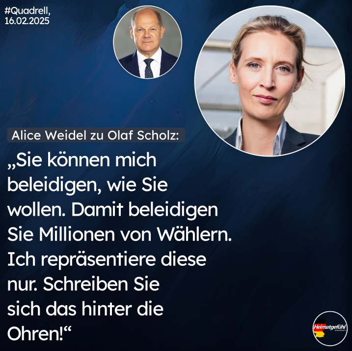 Liebe Frau <a href="/Alice_Weidel/">Alice Weidel</a>, sie repräsentieren uns Wähler hervorragend. Vielen Dank dafür! 

Sie haben das #Quadrell eindeutig gewonnen. 🇩🇪