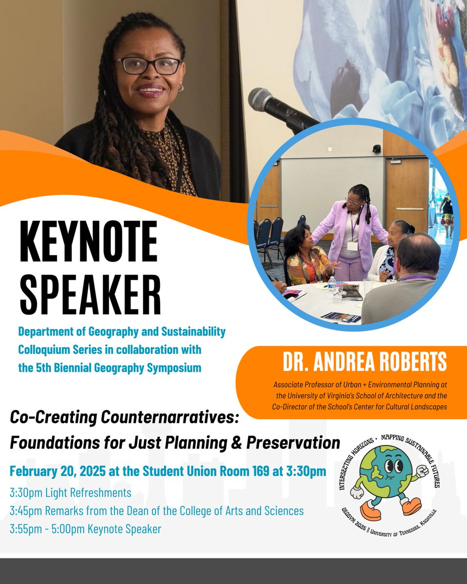 We are so excited to welcome Dr. Andrea Roberts as our keynote speaker at GeoSym this week! ✨🌎 Join us for her talk, “Co-Creating Counternarratives: Foundations for Just Planning &amp; Preservation.”
📅 Thursday, February 20
⏰ 3:30pm
📍 Student Union 169