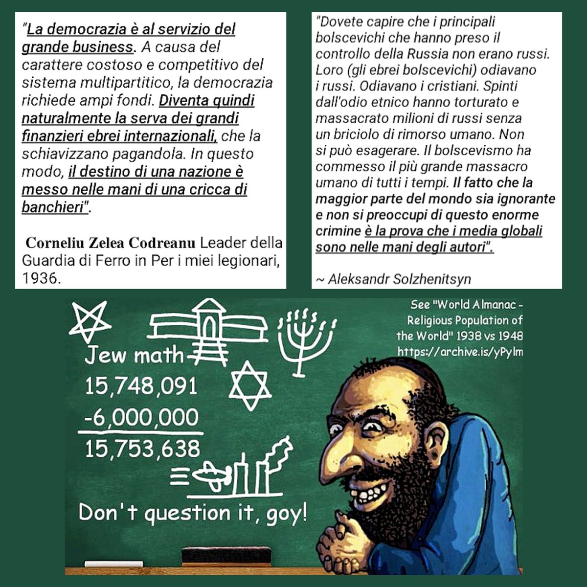 sborzu's tweet image. Forse non tutti sanno che Codreanu e Solzhenitsyn avevano una lucidità di analisi superiore alla media.

#Finanzas #enemyofthepeople