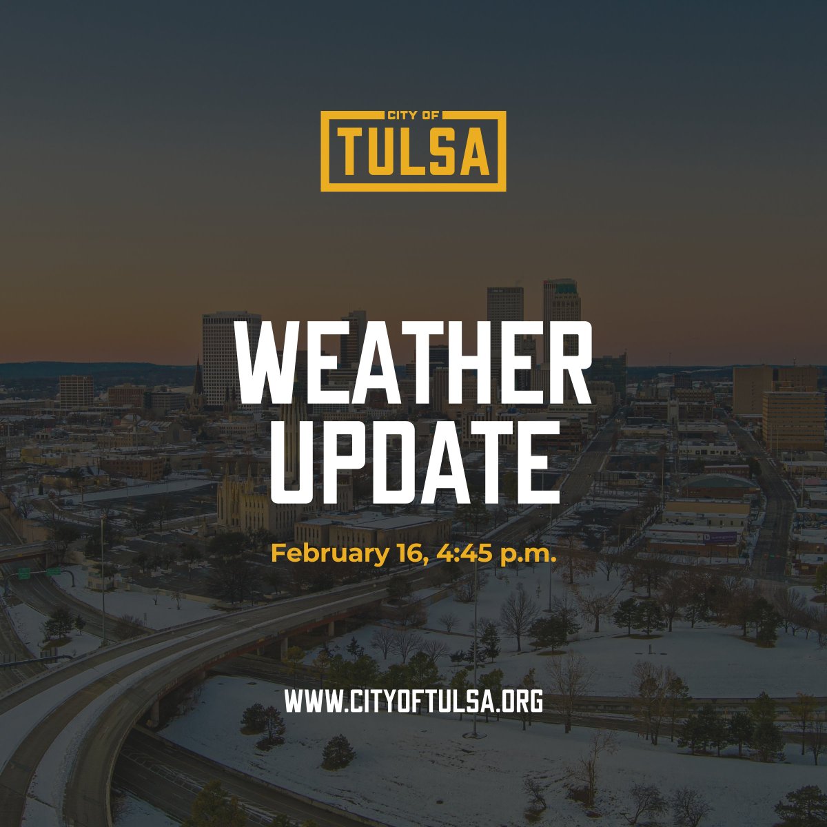 WINTER WEATHER UPDATE, FEB. 16, 4:45 P.M.
The City of Tulsa, Tulsa Area Emergency Management Agency (TAEMA), and various community partners have mobilized resources for extreme cold temperatures and winter weather coming to Tulsa this week.

Extreme cold is expected to enter the