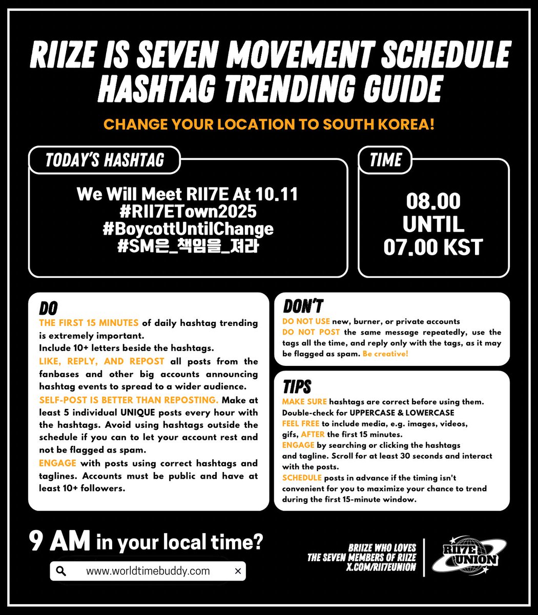 RIIZE IS SEVEN MOVEMENT SCHEDULE
Day 102 - February 17th 

Our movement is fueled by unity, passion, and resilience, and we remain stronger than ever. While we continue to demand justice, we must remain focused on holding SM Entertainment accountable. The fight for fairness,