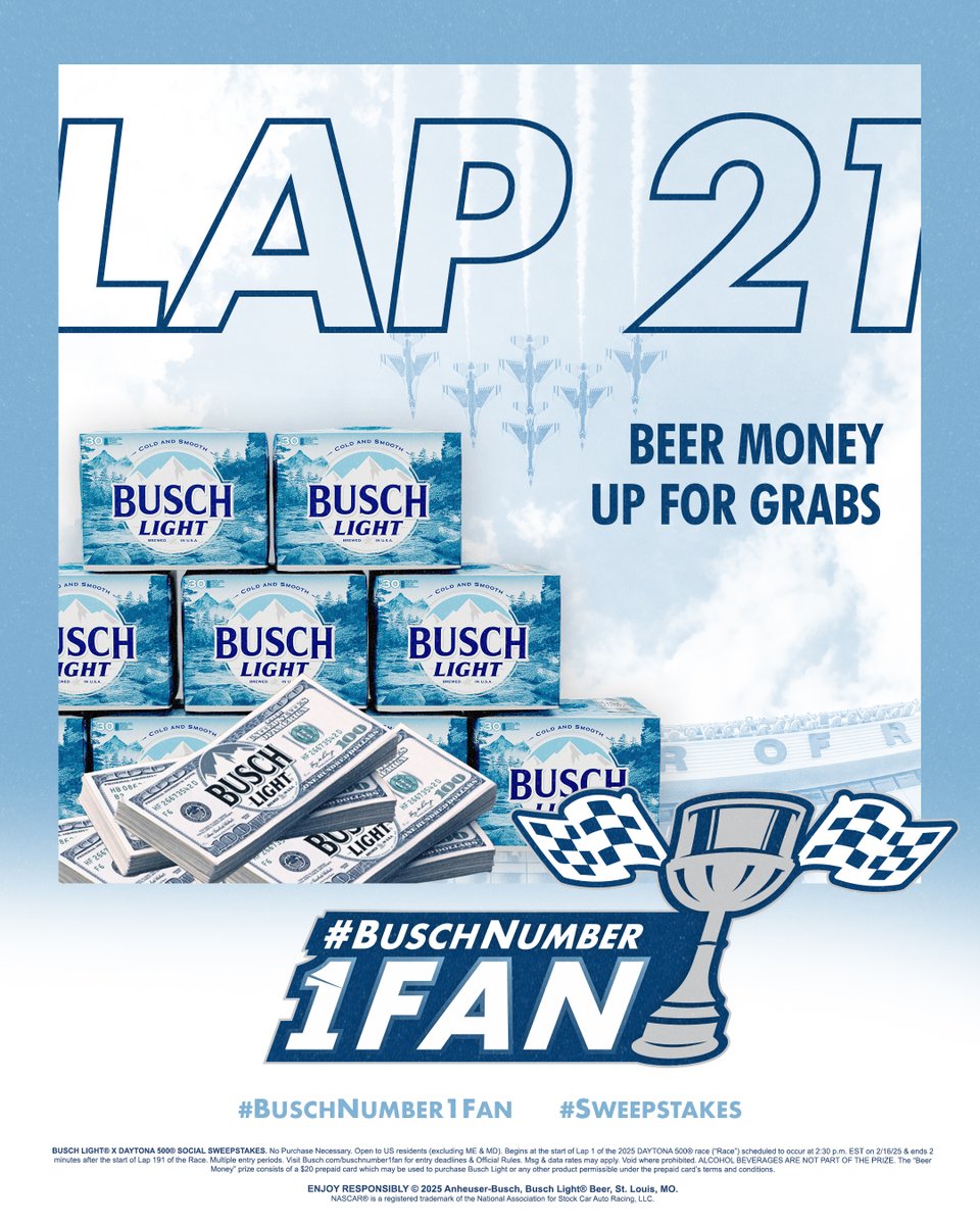Another lap that ends in 1️⃣, another chance at WINNING some beer money!

Reply NOW using #BuschNumber1Fan #Sweepstakes for a chance to win!

Tune in to the #DAYTONA500 on <a href="/NASCARONFOX/">FOX: NASCAR</a>