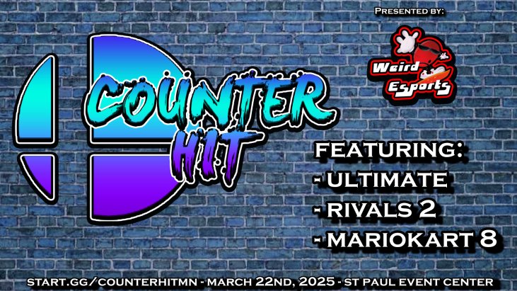 WeirdEsportsMN's tweet image. Counter Hit on March 22nd! Featuring Candle, Loaf, Onin, and many other fantastic players. Ultimate singles and doubles, Mario Kart 8, and Rivals of Aether 2! You won't want to miss out on the most stacked event in MN!