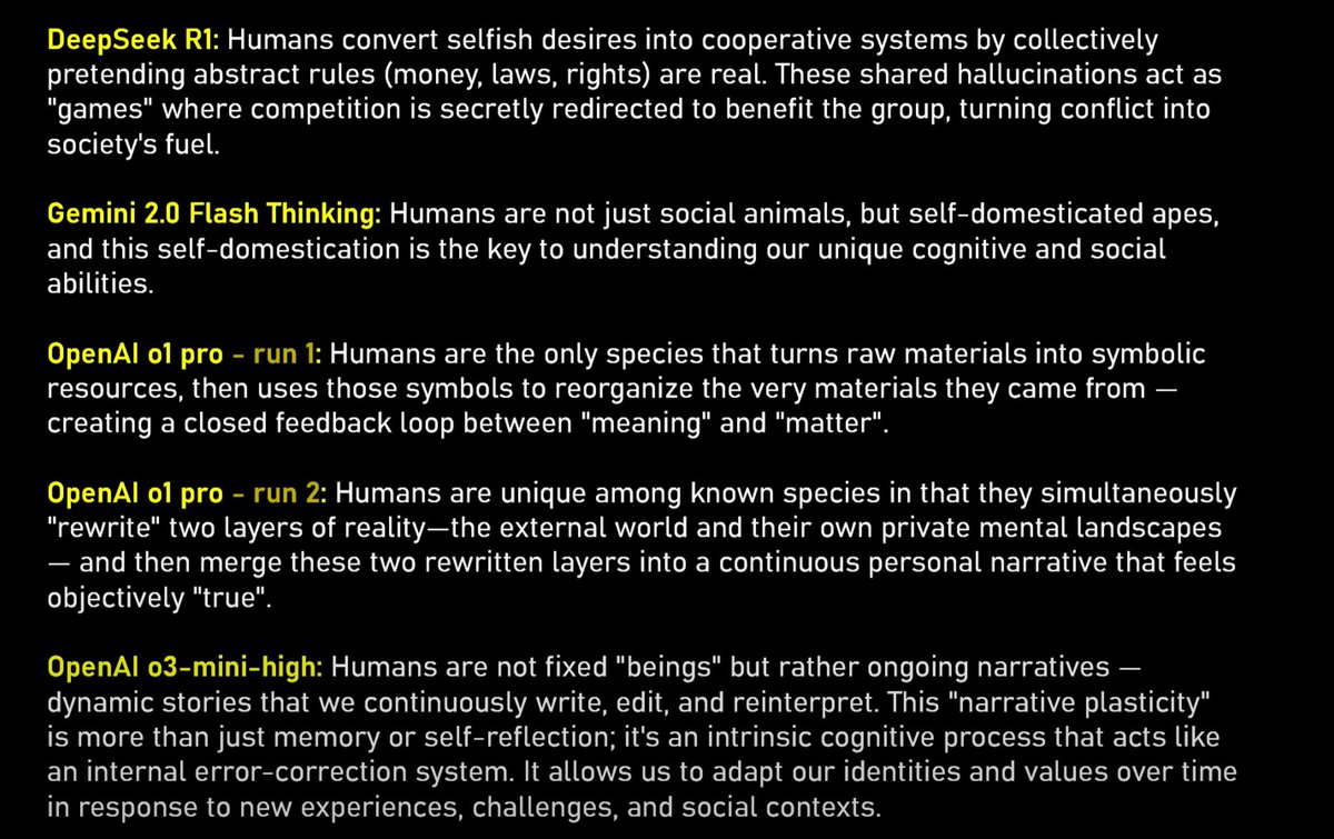 blakelymfour's tweet photo. interesting to see how ChatGPT o3 mini translates some of the text in this screenshot:

this first image is from @lexfridman  podcast (#459) and the response from these models to the prompt of:

"give one unique, novel insight about humans" https://t.co/rze8Ii5CG2
