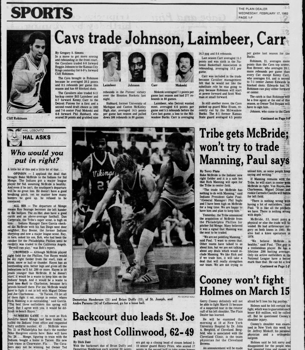 MrCleveland_216's tweet photo. Feast your eyes on the sports page OTD in 1982 that you, your father or grandfather got to devour…
• 2 Cavs trades🏀
• Tribe trades for Bale McBride⚾️
• Hal Lebovitz considers Tribe new OF (Bake, Manning, Super Joe or Dilone)
#TerryPluto #Hal
#PD https://t.co/MpUexE9owK