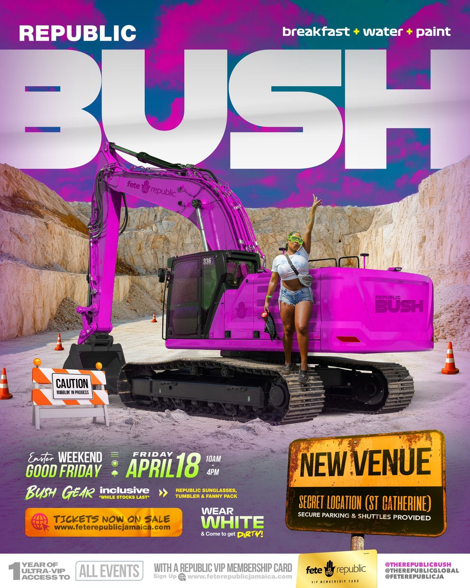 FeteRepublicJa's tweet photo. Join us on an adventure as we take you to a one of a kind SECRET LOCATION in THE BUSH!

Secure Parking and Shuttles provided.

💦 Republic BUSH
🗓️ Fri April 18 | 10AM - 4PM
📍 Secret Location (St Catherine) 
🕶️ Bush Gear Inclusive

Get your tickets NOW 👇
https://t.co/0fpu353DTx https://t.co/hCgPl7aMi3