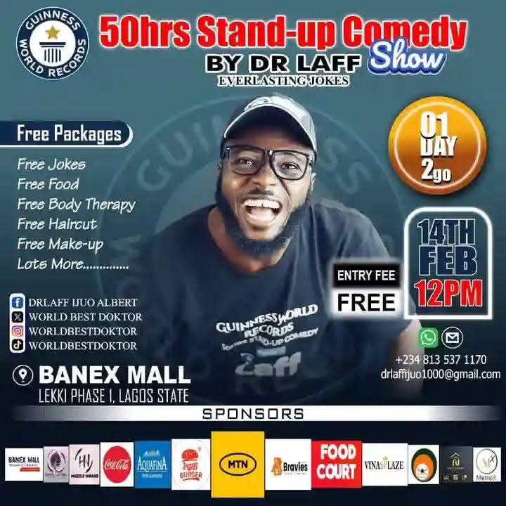veralycriuse's tweet photo. 1 more hour to hit d goal 

50hrs longest stand comedy show.

Guinness world record.

Congratulations Drlaff Ijuo Albert Worldbestdoktor 

#Isupportdrlaff
#guinessworldrecord 
#isupportdrlaff
@drlaffIjuo https://t.co/ky3YX3smLK