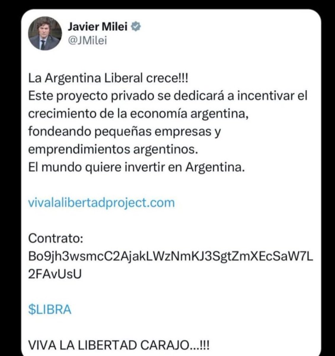 Aquí el tweet que borró Javier Milei y en el que queda claro que además de facho es corrupto. Seguidores suyos fueron los defraudados. Quisieron conseguir plata fácil y los defraudó su líder. Se lo merecen.