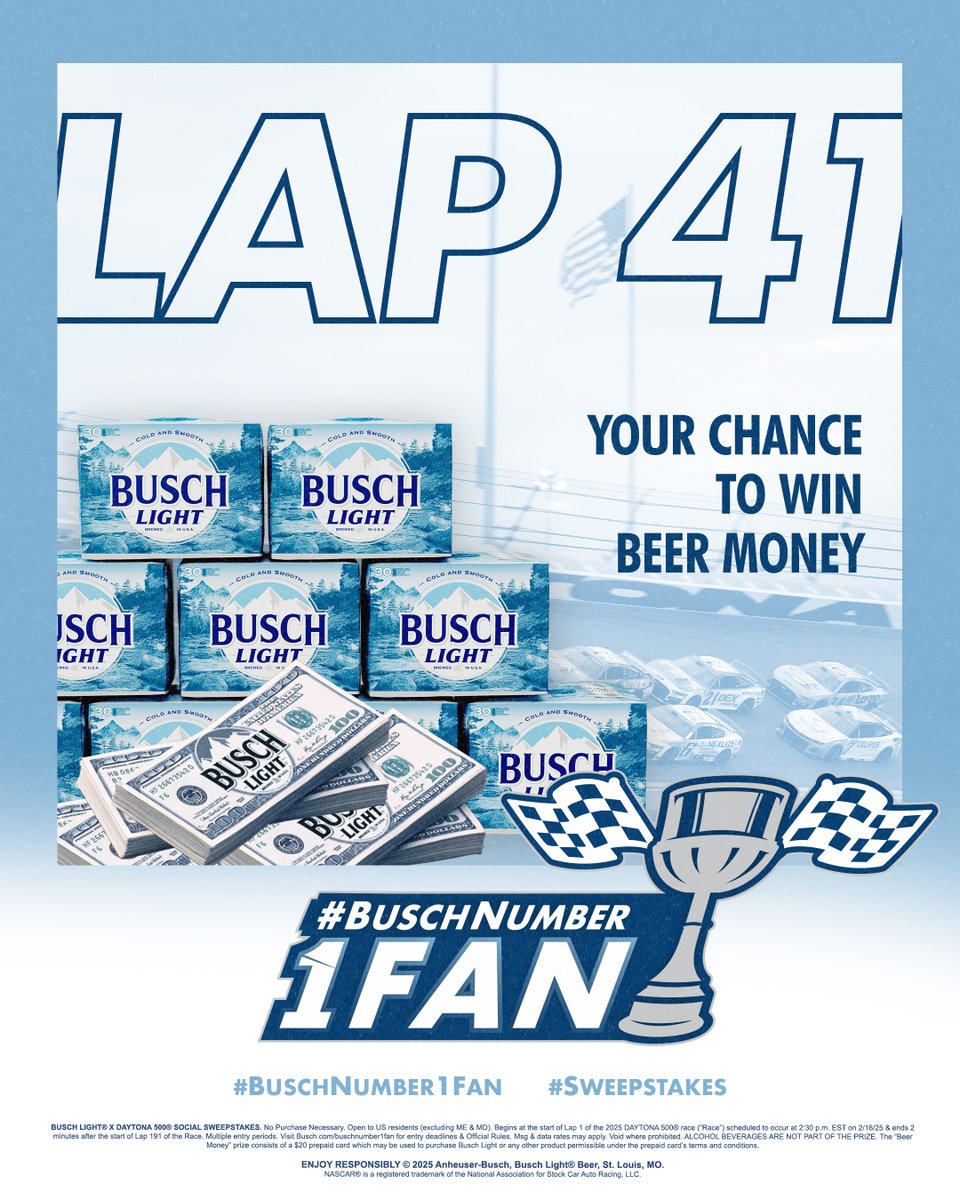 Busch Beer (@buschbeer) on Twitter photo We’re giving you another chance to WIN during the #DAYTONA500
What Busch Light fan couldn't use a little extra beer $$? Reply NOW with #BuschNumber1Fan #Sweepstakes
Tune in on <a href="/NASCARONFOX/">FOX: NASCAR</a> We’re giving you another chance to WIN during the #DAYTONA500
What Busch Light fan couldn't use a little extra beer $$? Reply NOW with #BuschNumber1Fan #Sweepstakes
Tune in on <a href="/NASCARONFOX/">FOX: NASCAR</a>