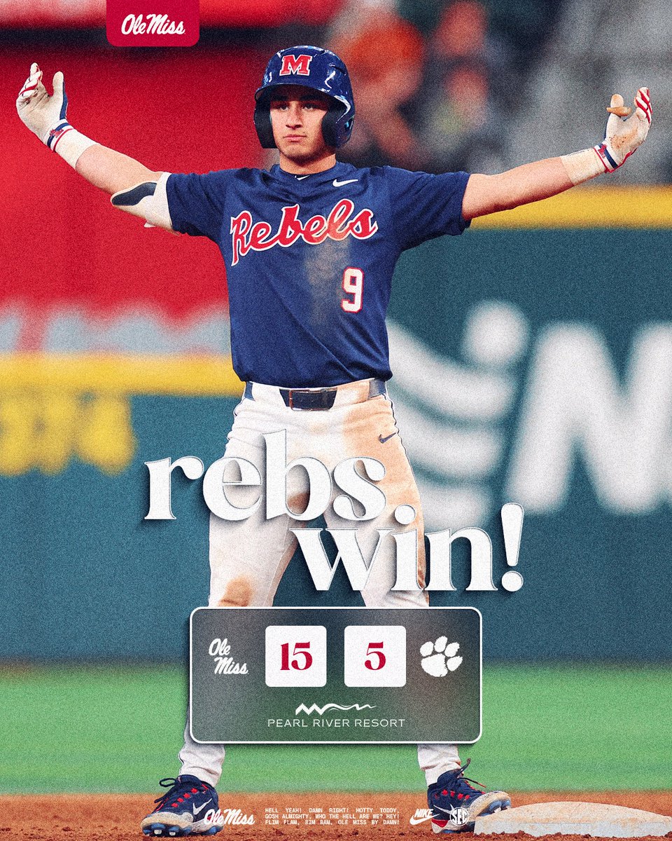 OleMissBSB's tweet image. We round out our stay in Arlington with a run-rule victory over No. 15 Clemson!

See you in Oxford!

#HottyToddy