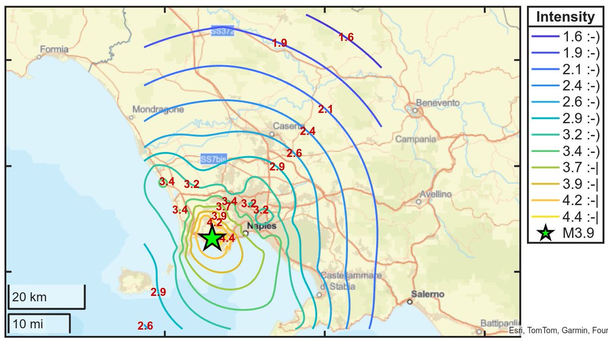 SismoDetector's tweet photo. Mappa di intensità per il #terremoto M3.9 avvenuto alle 23:19:52 (UTC) con epicentro nei Campi Flegrei. Scarica l'app Rilevatore Terremoto da https://t.co/zfhFZb9ZxN per ricevere allerte in tempo reale sul tuo smartphone https://t.co/NJfM9e10o8