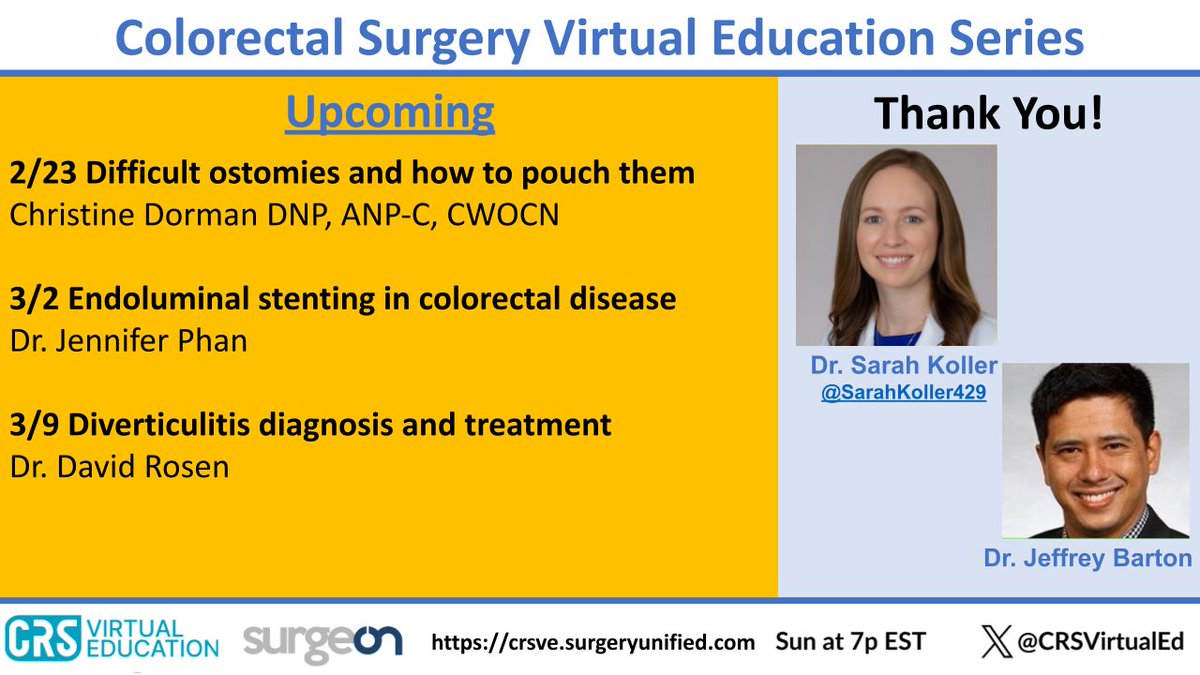 CRSVirtualEd (@crsvirtualed) on Twitter photo Thank you again to <a href="/SarahKoller429/">Sarah Koller</a> and Dr. Jeffrey Barton for the fantastic talks last month!
π Coming soon ~
~Pouching difficult ostomies
~Endoluminal stenting in colorectal disease
~Treatment and diagnosis of diverticulitis
Mailing list β‘οΈ crsve.surgeryunified.com Thank you again to <a href="/SarahKoller429/">Sarah Koller</a> and Dr. Jeffrey Barton for the fantastic talks last month!
π Coming soon ~
~Pouching difficult ostomies
~Endoluminal stenting in colorectal disease
~Treatment and diagnosis of diverticulitis
Mailing list β‘οΈ crsve.surgeryunified.com