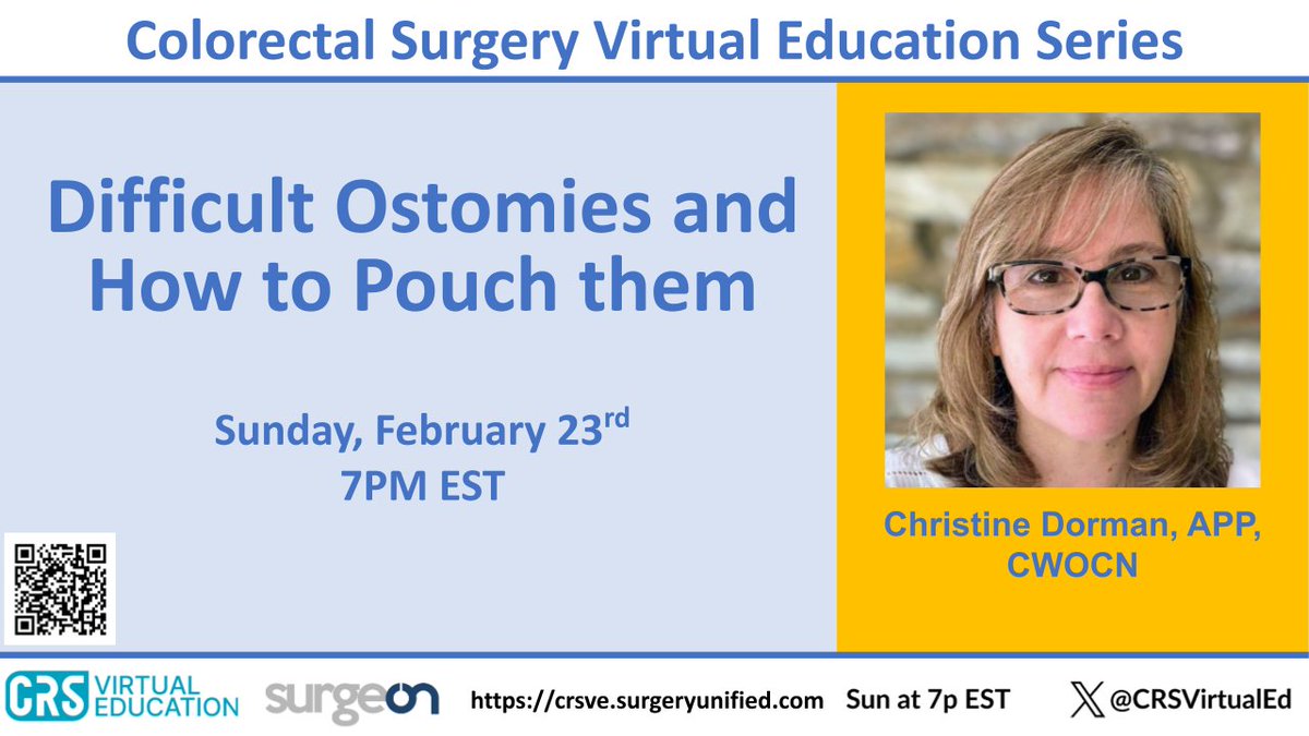CRSVirtualEd (@crsvirtualed) on Twitter photo Happening SUNDAY @ 7p EST! Join us live with Christine Dorman DNP, MS, ANP-C, CWOCN-AP to learn about pouching difficult ostomies!
Sign up for the mailing list here to get the link: crsve.surgeryunified.com
<a href="/MSKCancerCenter/">Memorial Sloan Kettering Cancer Center</a>
#CRSVE #MedEd #ForFellowsByFellows Happening SUNDAY @ 7p EST! Join us live with Christine Dorman DNP, MS, ANP-C, CWOCN-AP to learn about pouching difficult ostomies!
Sign up for the mailing list here to get the link: crsve.surgeryunified.com
<a href="/MSKCancerCenter/">Memorial Sloan Kettering Cancer Center</a>
#CRSVE #MedEd #ForFellowsByFellows