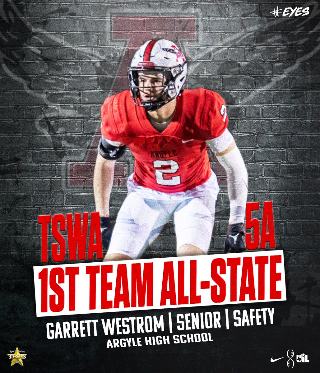 The list of awards continues to grow for these two deserving Seniors!

Congrats to <a href="/WestonChaney64/">Weston Chaney</a> and <a href="/GarrettWestrom/">Garrett Westrom</a> for being recognized by the Texas Sports Writers Association as a part of the 2024 1st Team All-State Team for all of 5A.

#EYES | #txhsfb | #TSWA 
<a href="/ArgyleISD/">Argyle ISD</a> |
