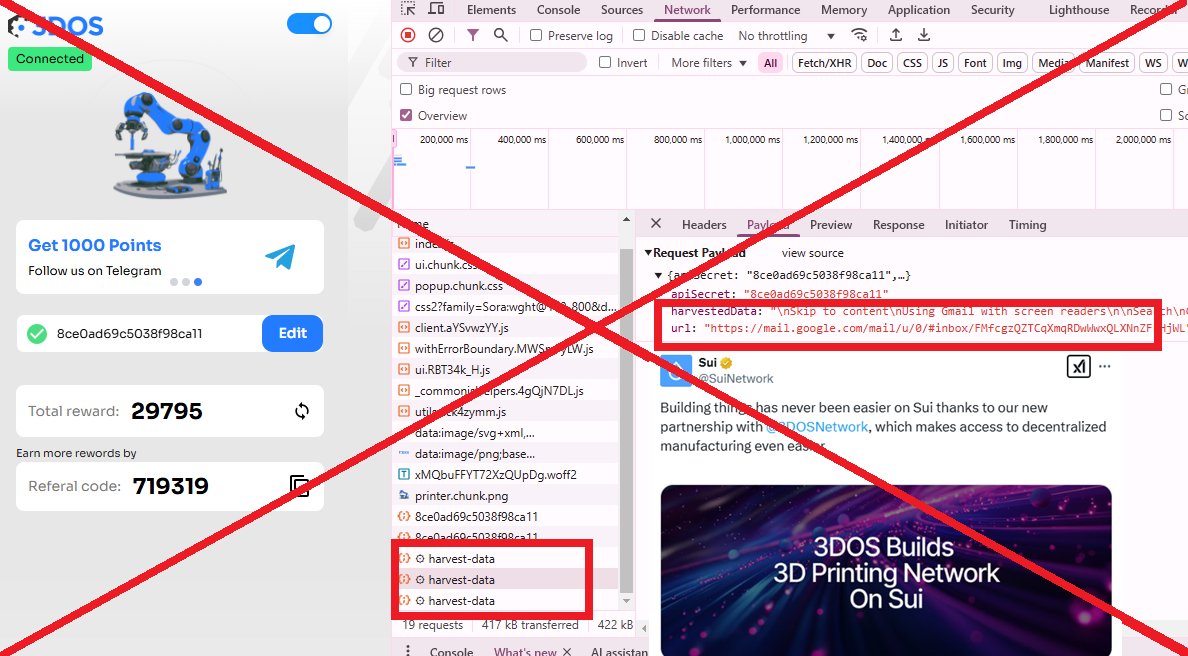 solotop999's tweet photo. Holy F*ck! 

@SuiNetwork and @WalrusProtocol have partnered and introduced @3DOSNetwork. This project is involved in user data theft.

If you install the 3DOS extension, everything you do in your browser—reading emails, chatting, viewing Excel files—will be sent to the 3DOS server.

If you have installed it, REMOVE IT NOW!