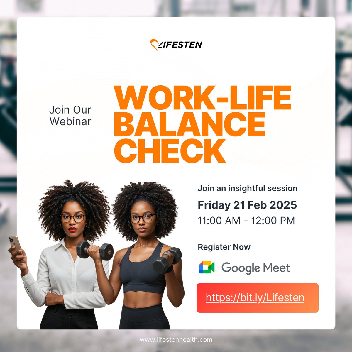 Join Us for the Work-Life Balance Check WEBINAR!

Finding balance between work and personal life is key to overall well-being. 🌿✨

Join us this Friday, February 21, from 11:00 AM – 12:00 PM for an insightful session.

📍 Google Meet: bit.ly/Lifesten

See you there!