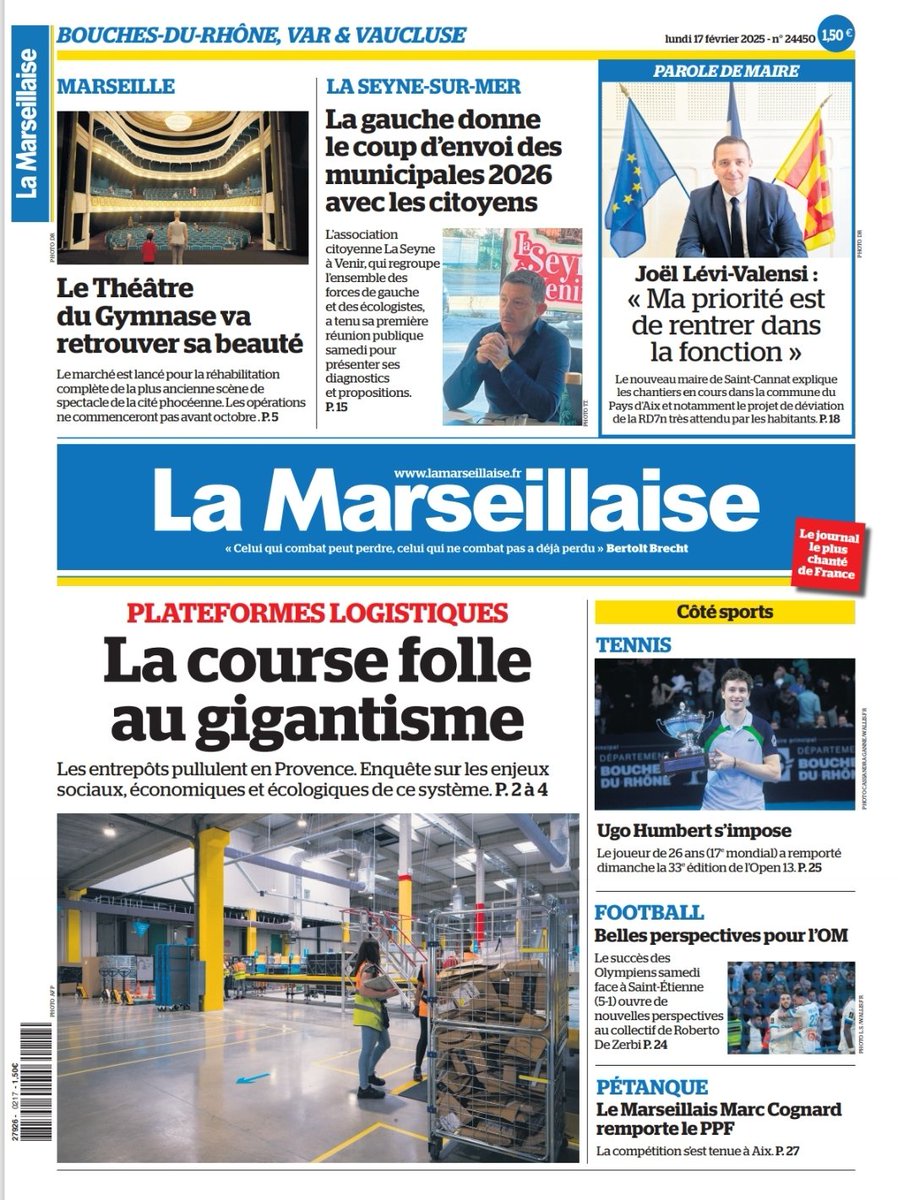 LeoPurguette's tweet photo. #ÀlaUne du 17 février 2025
#Logistique #Marseille #Théâtre #LaSeyneSurMer #Muncipales #ParoleDeMer #SaintCannat Öcalan #Marseille #Martigues #OM #TeamOM #Open13 #Pétanque
En kiosque et par abonnement sur https://t.co/v33E8KieoH https://t.co/3g8NASqX7P