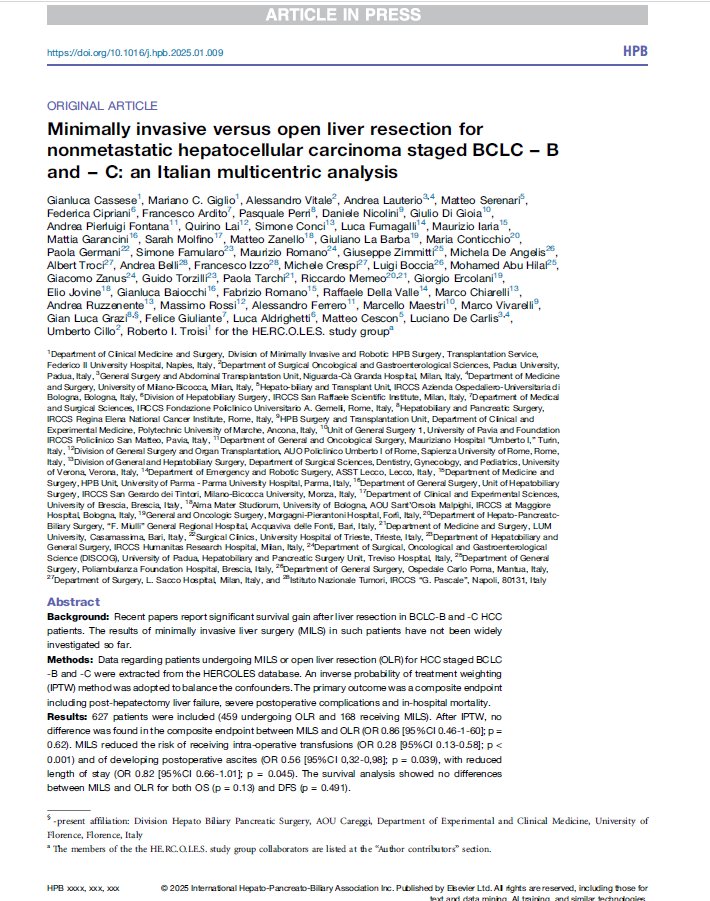 🗞:MI versus open liver resection for nonmetastatic hepatocellular carcinoma staged BCLC – B and – C
📑: HPB 2025
🤖 🥢 MILS was shown to be safe and feasible for HCC patients staged BCLC B and C.
💥 Lower transfusions and postoperative ascites, and shorten length of stay