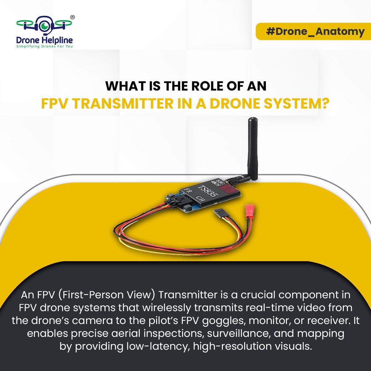 dronehelpline's tweet image. An #FPVTransmitter wirelessly sends real-time video from a drone’s camera to #FPV goggles or monitors, enabling precise navigation and aerial monitoring. 

It ensures low-latency, high-resolution visuals for surveillance, inspections, and search operations.

#FPVTech