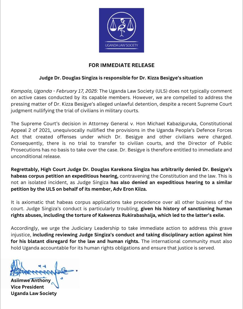 ug_lawsociety's tweet photo. #RadicalNewBar: Judge Dr. Douglas Singiza is responsible for Dr. @kizzabesigye1's situation.

Read our full statement. . . 

#BangTheTable 
#BackOnTrack
#FreeEveryone 
#RNBVision2060