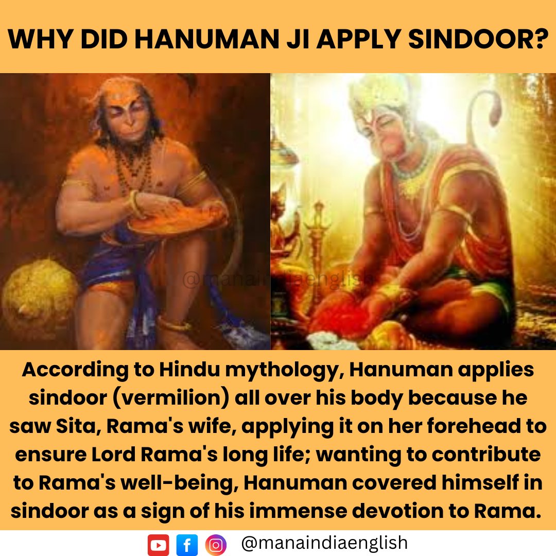 Manaindiaorbit's tweet photo. Hanuman applied sindoor on his body to please Rama's wife, Sita. Therefore, offering sindoor to Hanuman is also a way of connecting with Lord Rama and seeking his grace.

YouTube: https://t.co/6G8fj9lJiK

#hanuman #ram #sita #mythology #indianmythology https://t.co/91H63rC6Gu