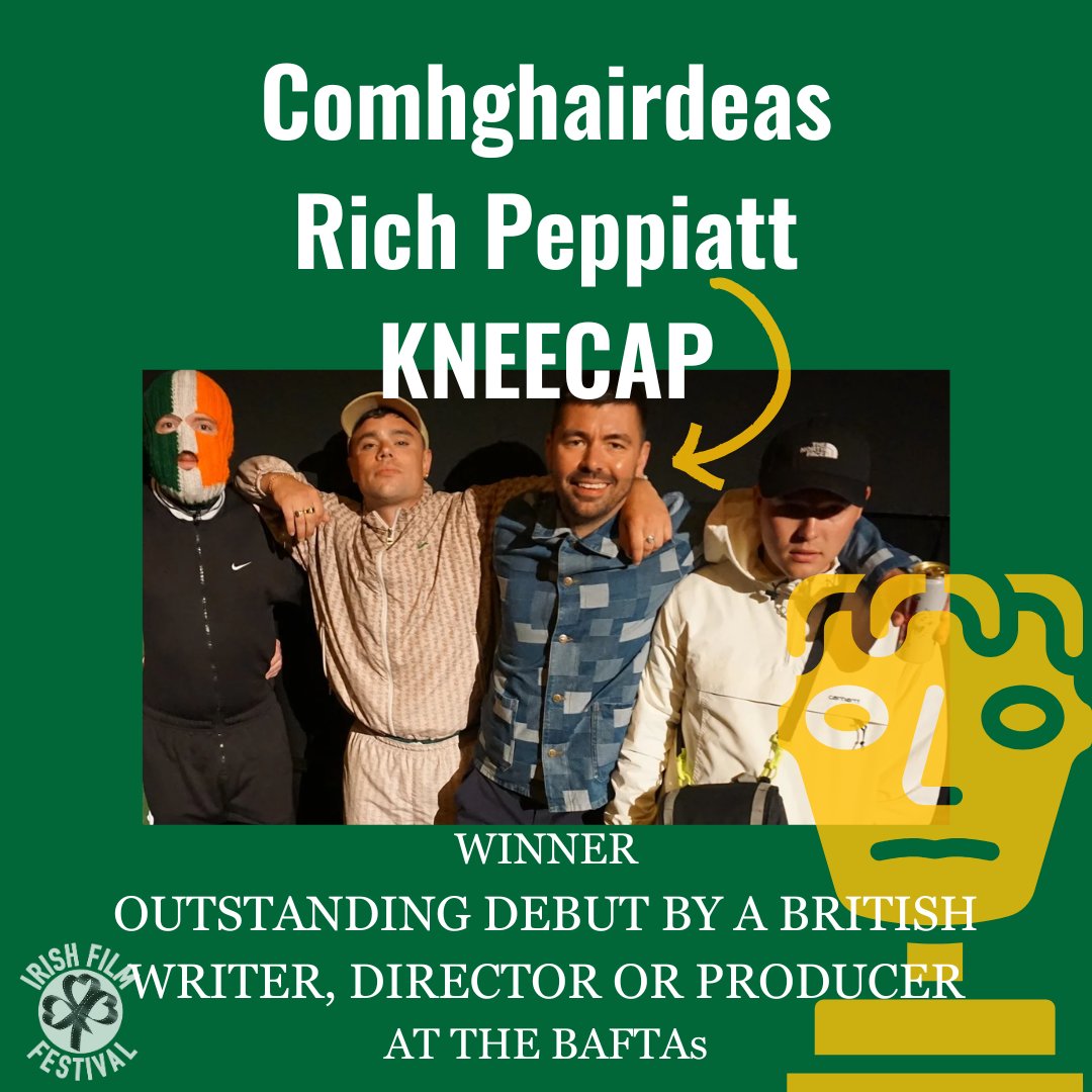 Congrats Rich Peppiatt for bringing the Gold home to Ireland with his BAFTA win🎉 
The awards were this morning and Peppiatt took home the Outstanding Debut by a British Writer, Director or Producer award for Directing and Writing 'Kneecap'.
