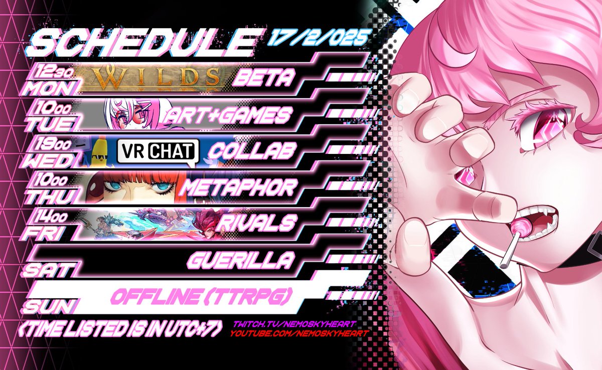 nem0Skyheart's tweet photo. Stream Schedule for This Week! Will be dual streamed on Tuesday, Thursday and Saturday, the rest are on Twitch only
Time is on UTC+7 #NobodyLive #Vtuber https://t.co/nqXML8I2m5