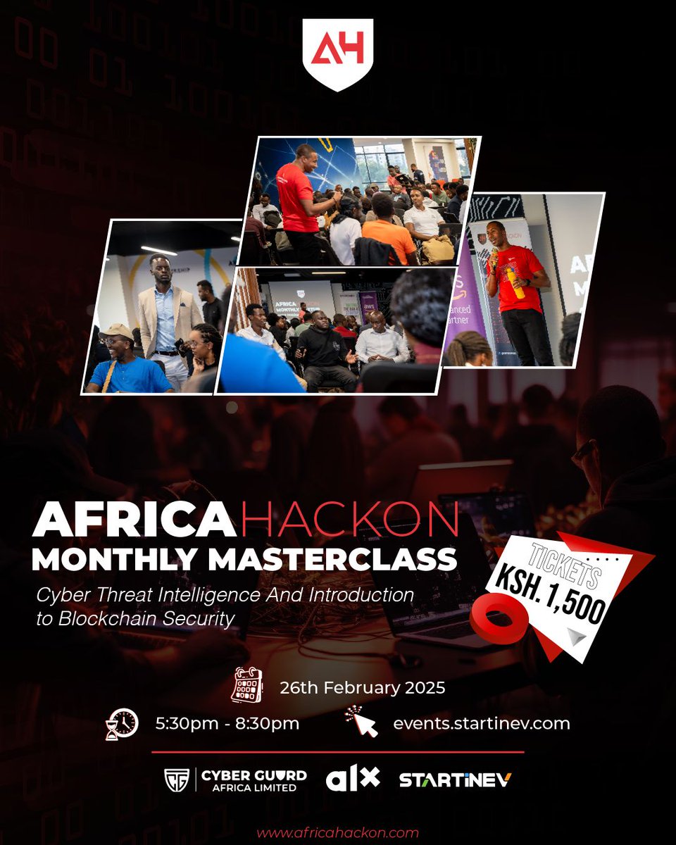 Bright Mawudor,PhD (@brightzeed) on Twitter photo This month's <a href="/africahackon254/">Africahackon254 Official</a> Meet Up will be a #Masterclass
We shall be looking into Threat Intelligence from a #cyber criminals perspective, what it takes to be an analyst and also Blockchain security & Intelligence basics.
Tickets: bit.ly/AHfebmeetup2025 This month's <a href="/africahackon254/">Africahackon254 Official</a> Meet Up will be a #Masterclass
We shall be looking into Threat Intelligence from a #cyber criminals perspective, what it takes to be an analyst and also Blockchain security & Intelligence basics.
Tickets: bit.ly/AHfebmeetup2025