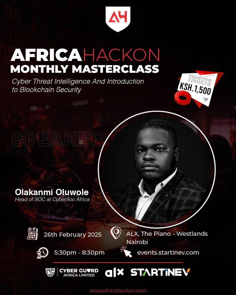 My fellow presenters will be the SOC Ninja Wole from <a href="/Cybersocafrica/">CyberSOC Africa</a>  and #Blockchain security researcher <a href="/kvltbyte/">Mrima</a> from <a href="/41swara/">41swara</a> .
Looking forward to a very interactive session. Do come with your laptops.