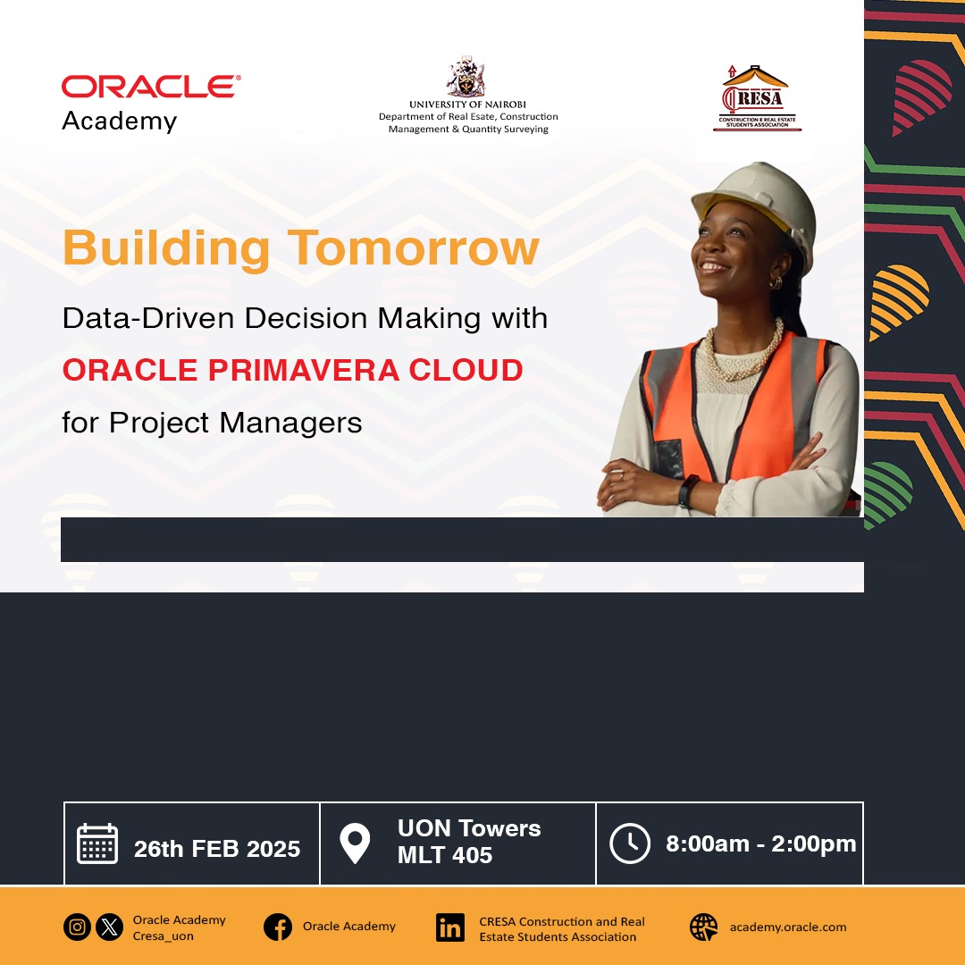 <a href="/OracleAcademy/">Oracle Academy</a> and CRESA brings to you; Data Driven decision-making with oracle Cloud for project managers✨

📅 26th February 2025
📌 UON Towers MLT 405
⏲️ 8:00am - 2:00pm

Here's to building a brightr tomorrow with the power of data at our fingertips! 

<a href="/TheLornaJuma/">Mrs. Keter Lorna</a>