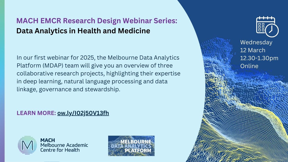 Melbourne Academic Centre for Health (@machaustralia) on Twitter photo Our 2025 Research Design Series kicks off with the <a href="/MDAP_Unimelb/">Melbourne Data Analytics Platform (MDAP)</a> team presenting 3 collaborative research projects – highlighting expertise in deep learning, natural language processing & data linkage, governance & stewardship.
Book now➡️ow.ly/I02j50V13fh <a href="/pri_nairturkich/">Priyanka Nair-Turkich</a> Our 2025 Research Design Series kicks off with the <a href="/MDAP_Unimelb/">Melbourne Data Analytics Platform (MDAP)</a> team presenting 3 collaborative research projects – highlighting expertise in deep learning, natural language processing & data linkage, governance & stewardship.
Book now➡️ow.ly/I02j50V13fh <a href="/pri_nairturkich/">Priyanka Nair-Turkich</a>