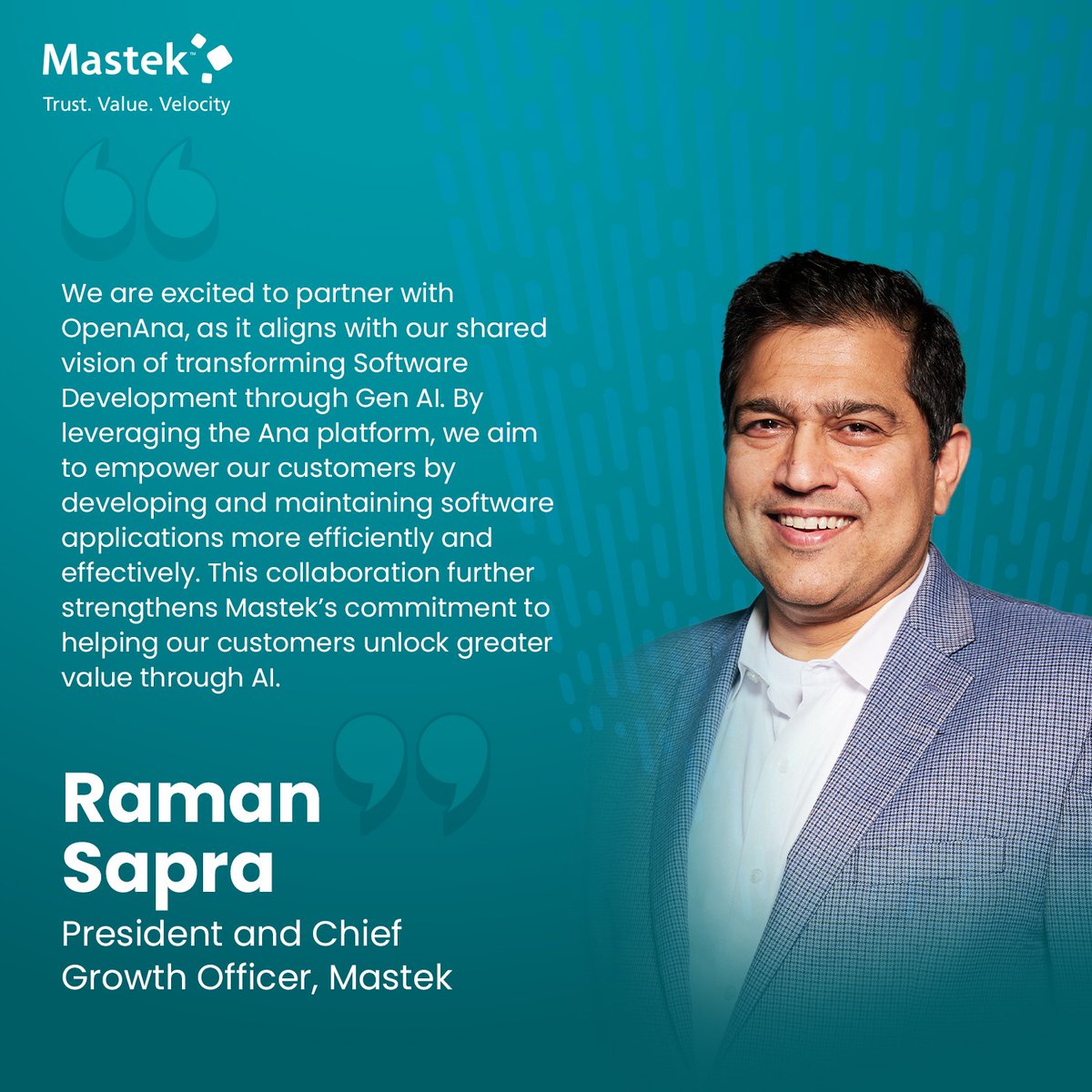Mastek has partnered with Open Ana to redefine the software development lifecycle with cutting-edge Generative AI. 
Learn more mastek.com/pressreleases/…

#Partnership #AIInnovation #GenAI #DigitalTransformation