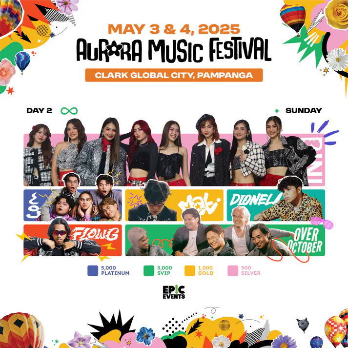 2025 AURORA MUSIC FESTIVAL IN CLARK FULL LINEUP

Day 1: BINI, TJ Monterde, Rico Blanco, Arthur Nery, BGYO, and Moira Dela Torre
Day 2: BINI, Cup of Joe, Maki, Dionela, Flow G, and Over October

🎫ticket.epiceventsph.com

<a href="/EPICEVENTSPH/">EPICEVENTSPH</a>