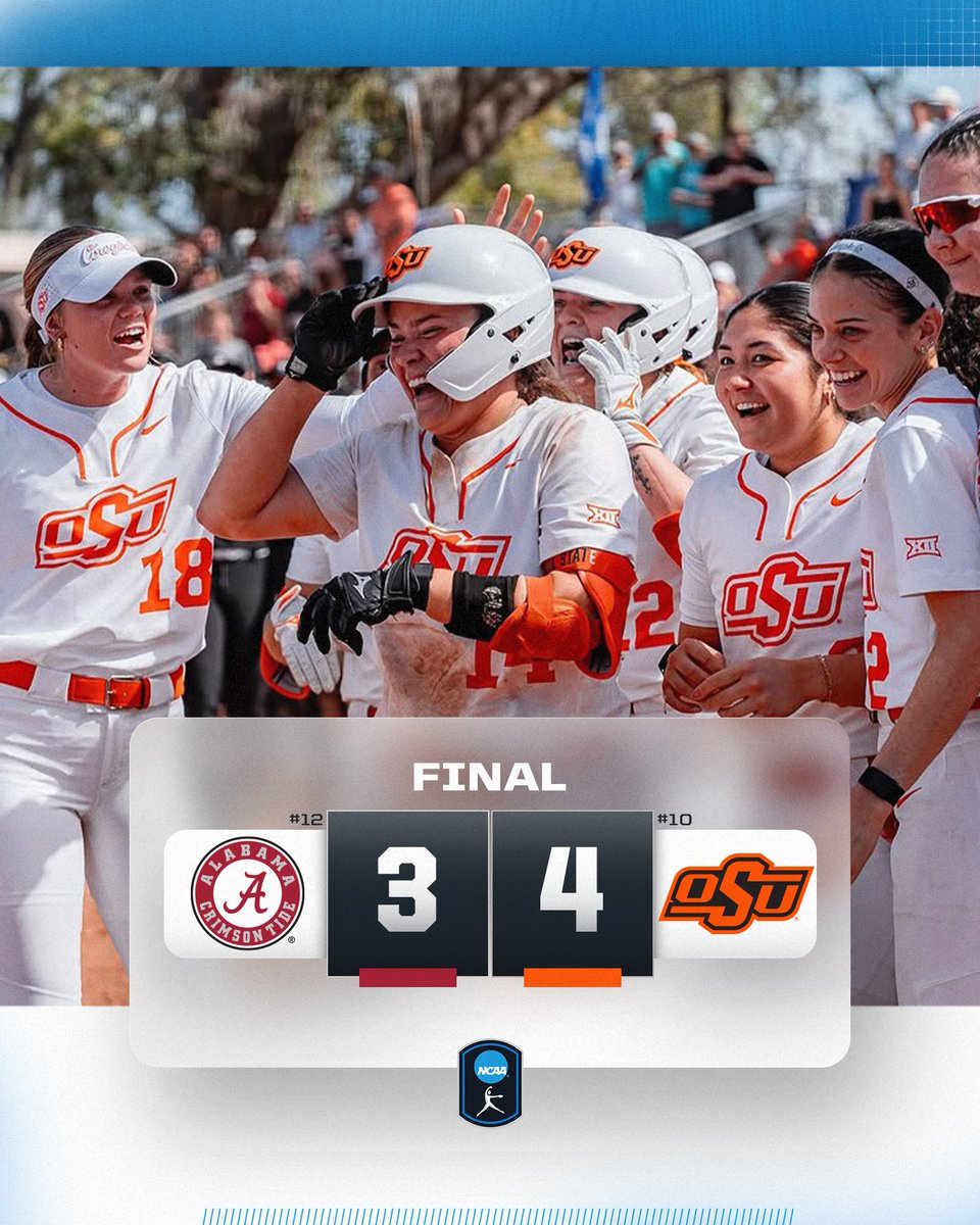 NCAA Softball (@ncaasoftball) on Twitter photo ANOTHER WALK OFF WIN FOR THE COWGIRLS 🤠
No. 10 <a href="/cowgirlsb/">OSU Cowgirl Softball</a> defeats No. 12 Alabama, 4-3!
#NCAASoftball ANOTHER WALK OFF WIN FOR THE COWGIRLS 🤠
No. 10 <a href="/cowgirlsb/">OSU Cowgirl Softball</a> defeats No. 12 Alabama, 4-3!
#NCAASoftball