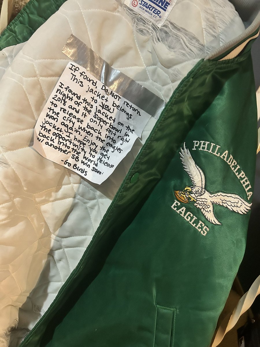 amy_rannabargar's tweet photo. And just like that, a new tradition was born!! I found this jacket at the parade on Friday as I was leaving the art museum. I cannot wait to pass this along on the next Super Bowl win
 🦅💚🏆✨ @Eagles https://t.co/MTvkRIMqju