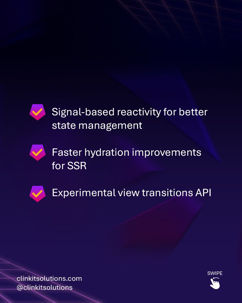 ClinkITph's tweet image. #Angular19 is HERE! What’s new?
✅ Signal-based reactivity for better state management
✅ Faster hydration improvements for SSR
✅ Experimental view transitions API 
#Angular19 #TypeScript #IT #Coding #Developers #WebDev #Programming #WebDevelopment #SoftwareDeveloper #TechNews