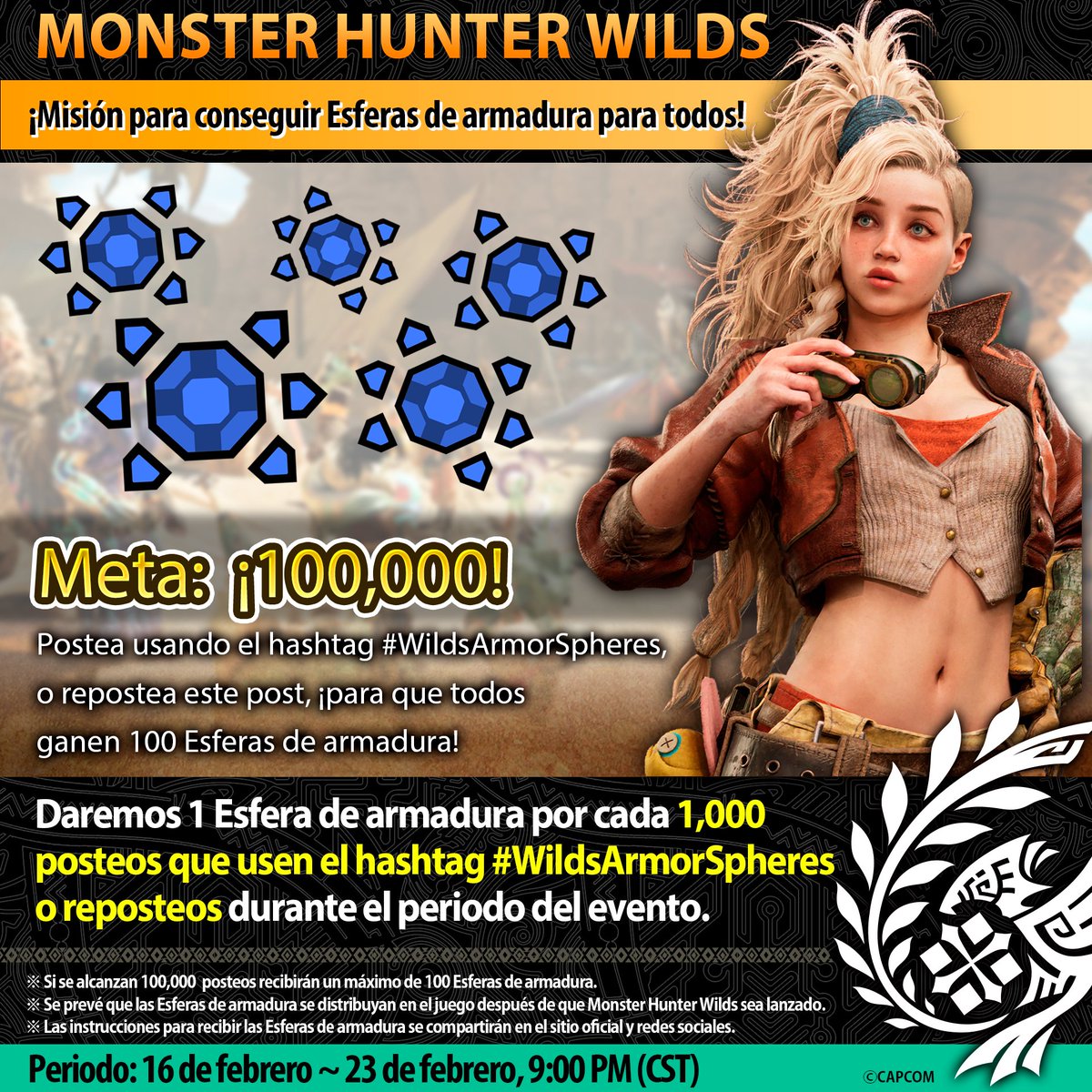 CapcomLatam's tweet image. Cazadores, ¡llegó una misión de Gemma! Así es como puedes obtener una gran recompensa de hasta 100 Esferas de armadura para todos en el lanzamiento de #MHWilds. Nada mal, ¿verdad?

1️⃣ Sigue a @monsterhunter y @capcomlatam
2️⃣ Dale RT este post o postea usando #WildsArmorSpheres